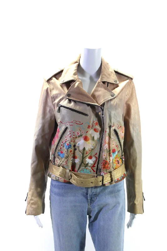 Designer Womens Metallic Hand Painted Customized Leather Jacket Gold