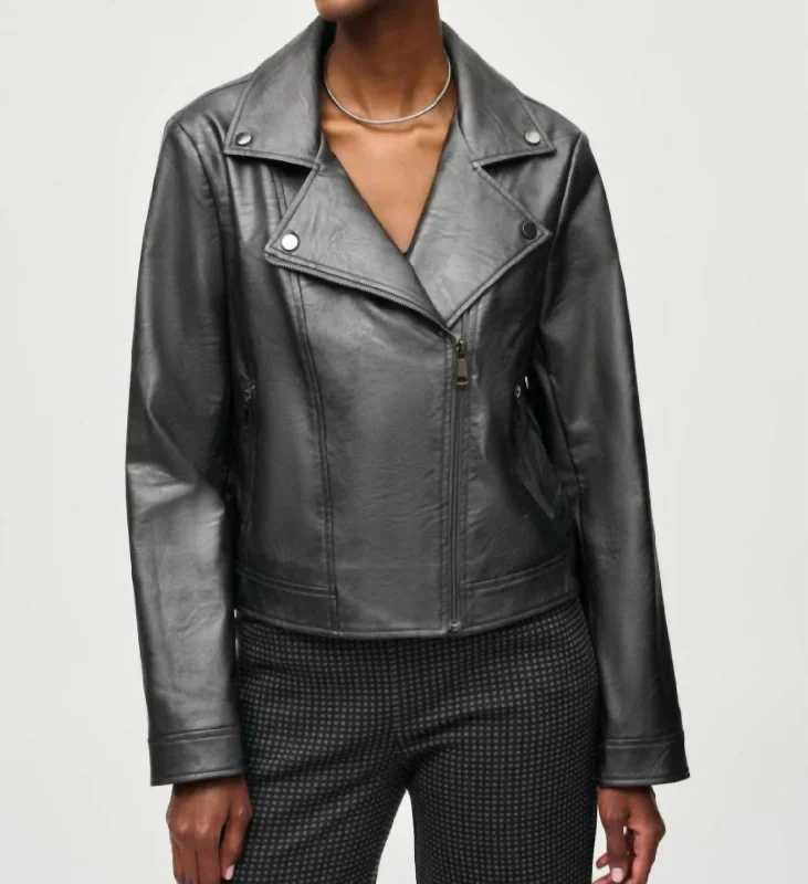 Faux Leather Biker Jacket In Black Current