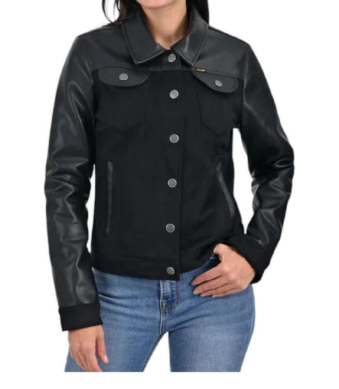 Faux Leather Trucker Jacket In Black