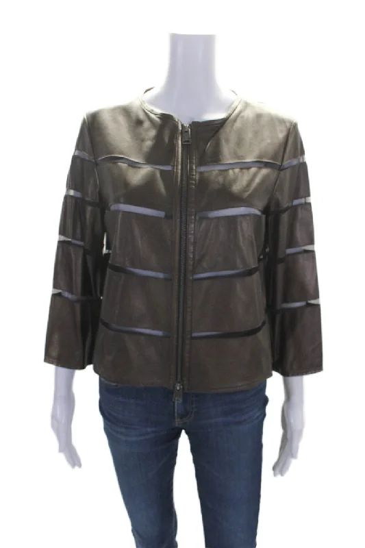 In Transit Women's Round Neck Long Sleeves Full Zip Leather Jacket Brown