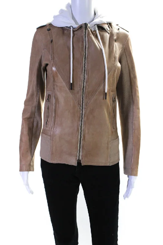 JKT Women's Hood Long Sleeves Full Zip Pockets Leather Jacket Beige