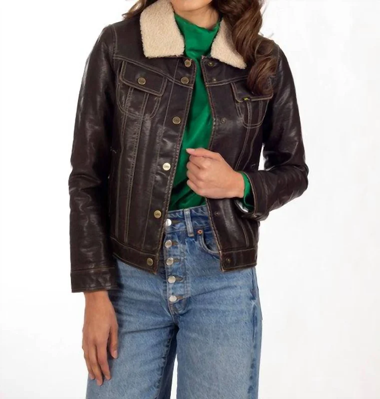 Sherpa-Lined Faux-Leather Jacket In Brown