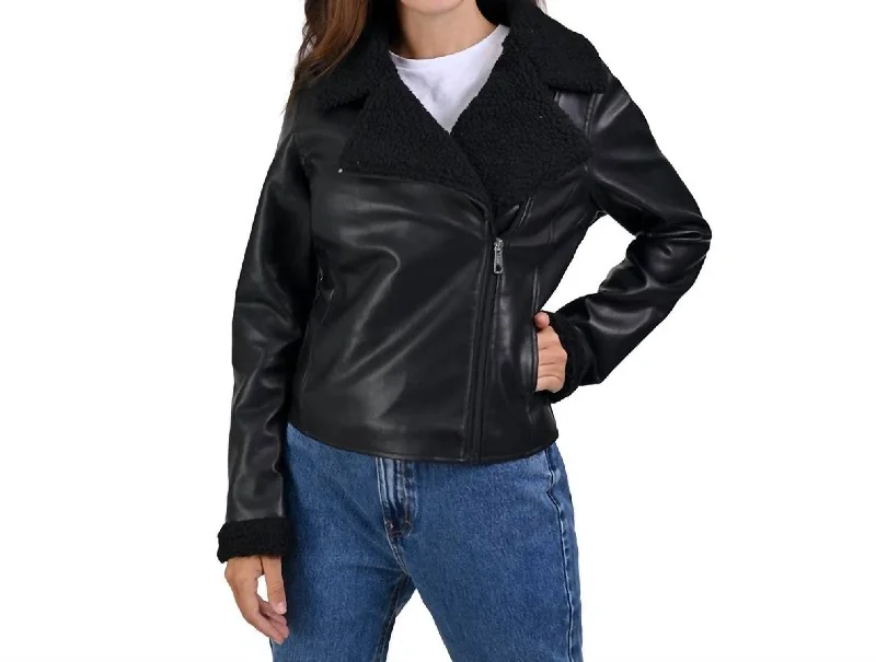 Synthetic Leather Biker Jacket In Black