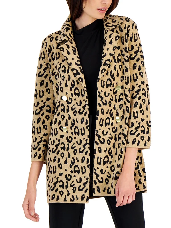 Womens Animal Print Collared Open Front