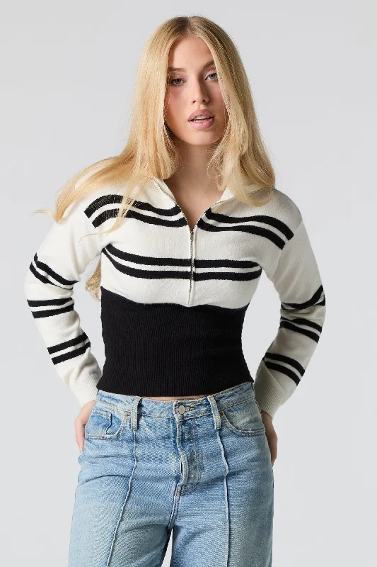 Colourblock Striped Knit Quarter Zip Sweater