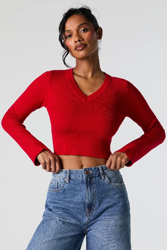 Ribbed Knit V-Neck Bell Sleeve Cropped Sweater