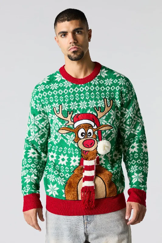 3D Furry Reindeer Ugly Christmas Sweater