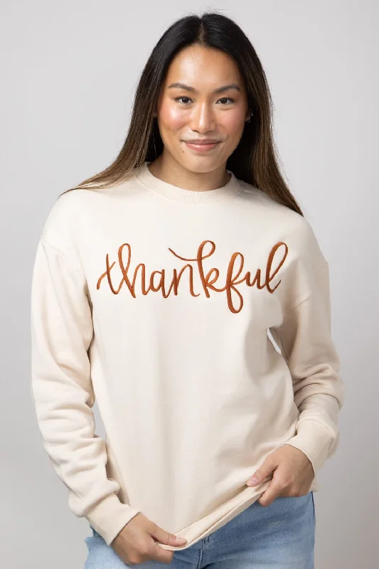 1897 Active Thankful Graphic Fleece Sweatshirt for Women in Cream | GT052-THANKFUL-CREAM