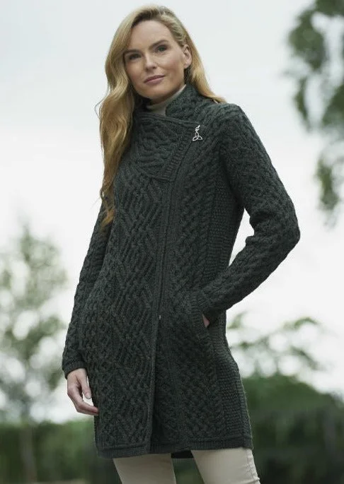 Aran Crafts Cable Knit Side Zip Coat | Green