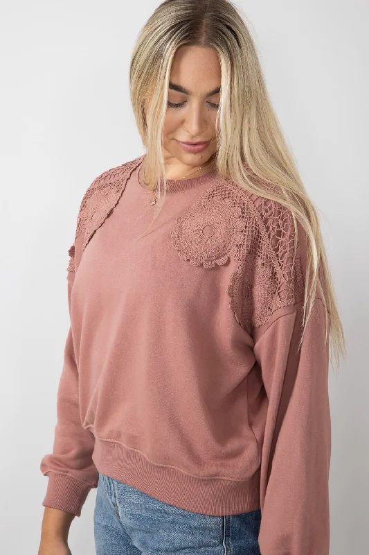 C&C California Daisy Crochet Terry Crewneck Pullover for Women in Burlwood | 89B02984T-C877-BURLWOOD