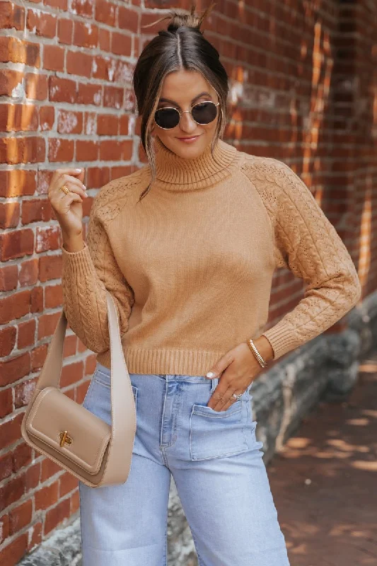 Camel Cable Knit Sleeve Turtleneck Sweater