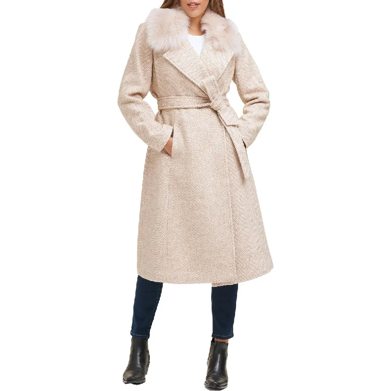 Cole Haan Womens Wool Blend Faux Fur Collar Wool Coat