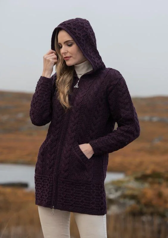 Aran Hooded Cardigan With Celtic Knot Zipper | Plum