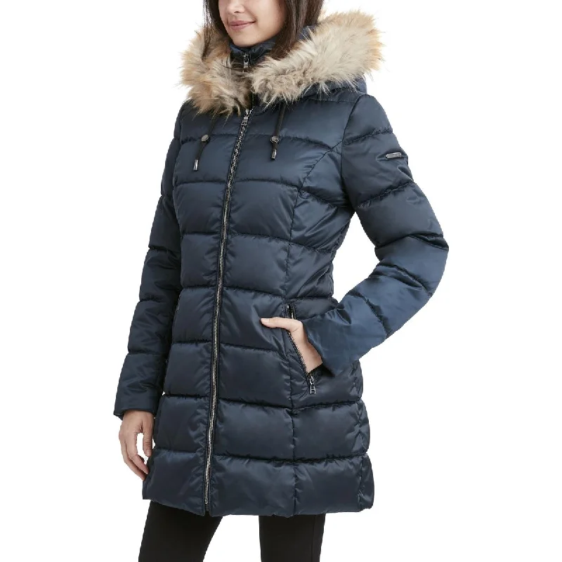 Laundry by Shelli Segal Women's Satin Quilted Puffer Coat with Faux Fur Trim