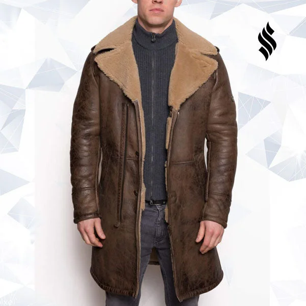 Men’s B3 aviator Sheepskin Shearling Leather Trench Brown Coat