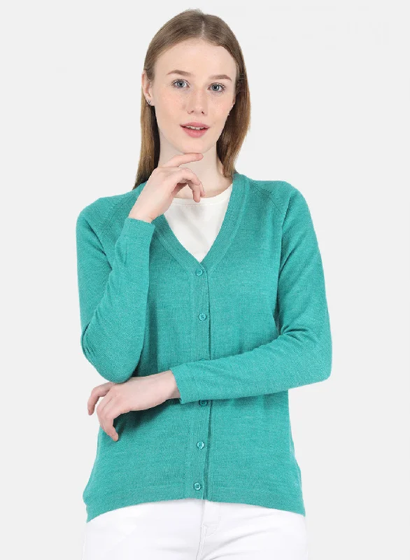 Women Aqua Green Solid Cardigan