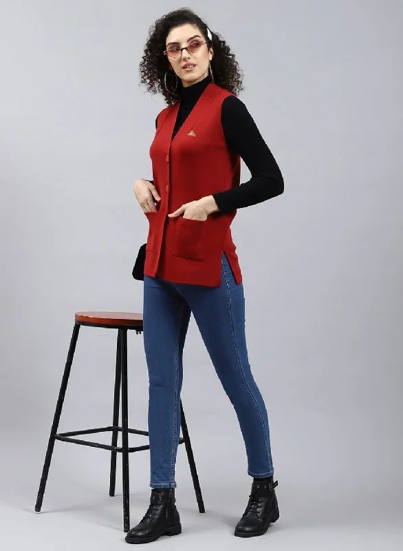 Women Maroon Solid Pure wool Cardigan