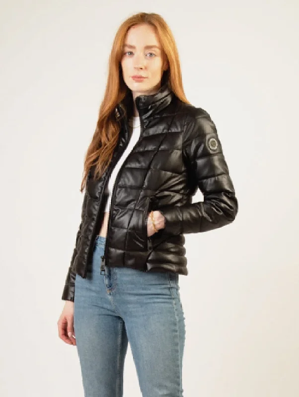 Faraday II Coffee Recycled Leather Vegan Short Puffer Jacket | Black