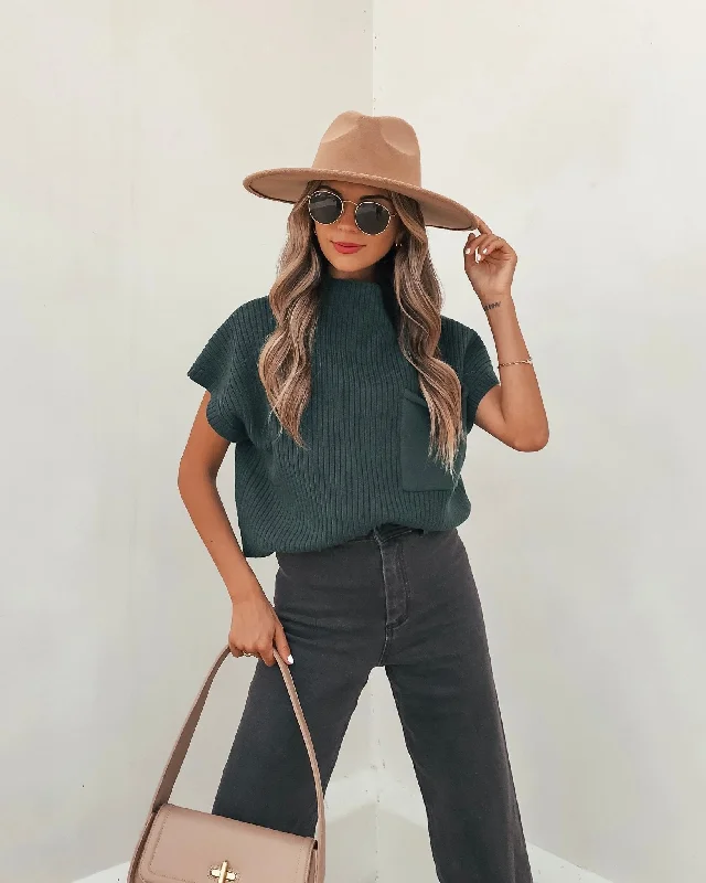 Short Sleeve Mock Neck Ribbed Sweater - Forest Green