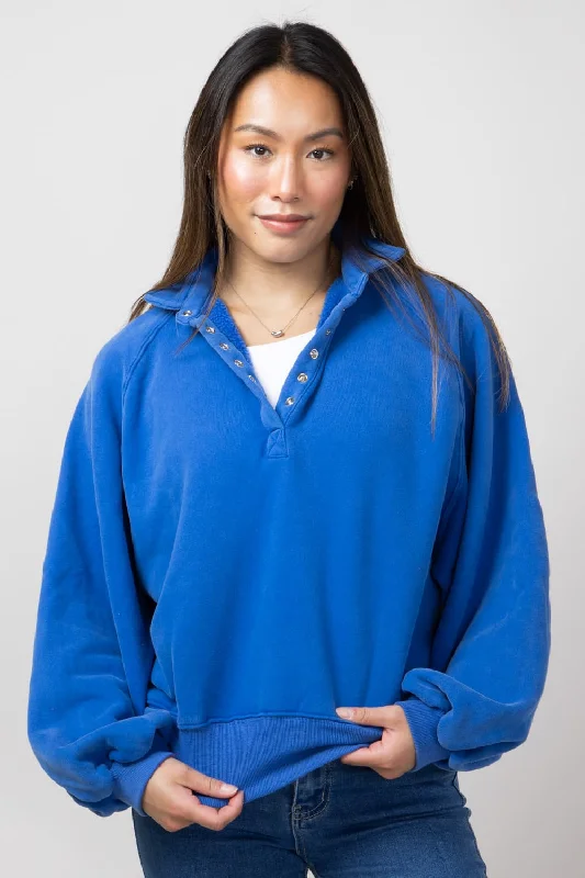 Snap Button Collared Fleece for Women in Cobalt | PT16060-COBALT