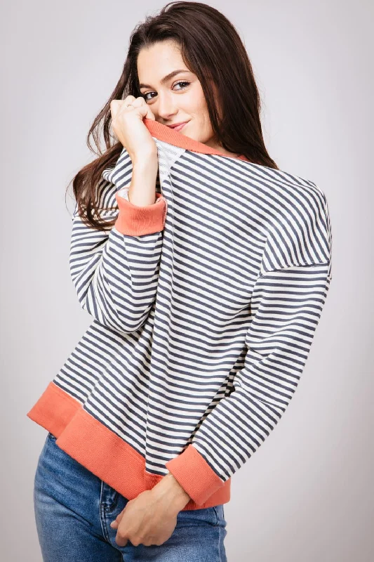 Striped Crewneck Pullover for Women in Charcoal | 19812-CHARCOAL