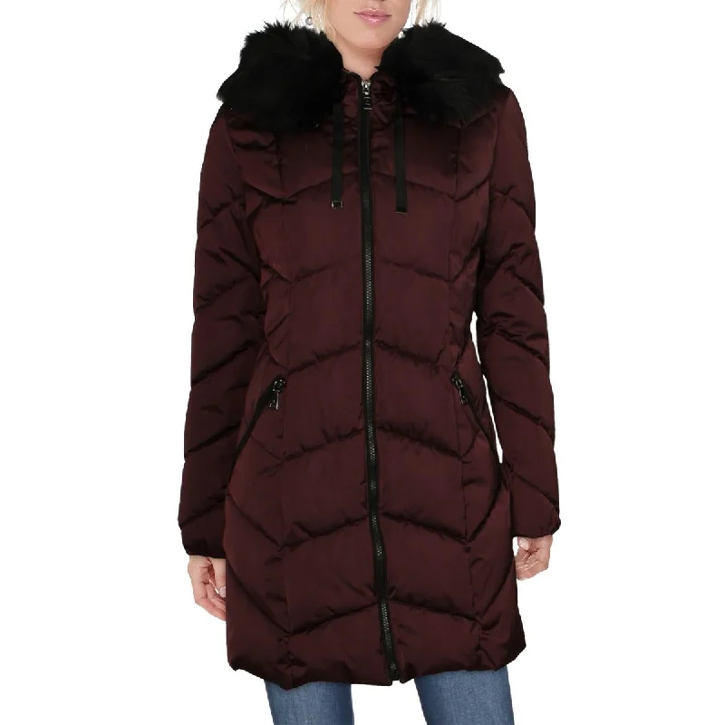 Tahari Brie Women's Chevron Quilted Puffer Coat with Faux Fur Trim Hood