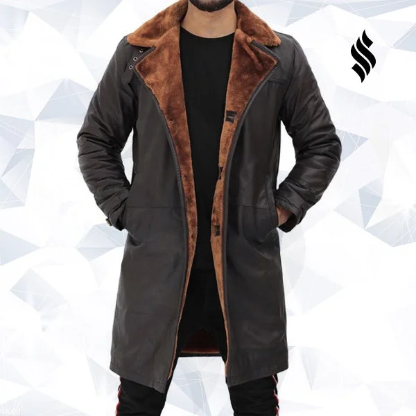 Turlock Dark Brown Shearling Leather Trench Coat Mens