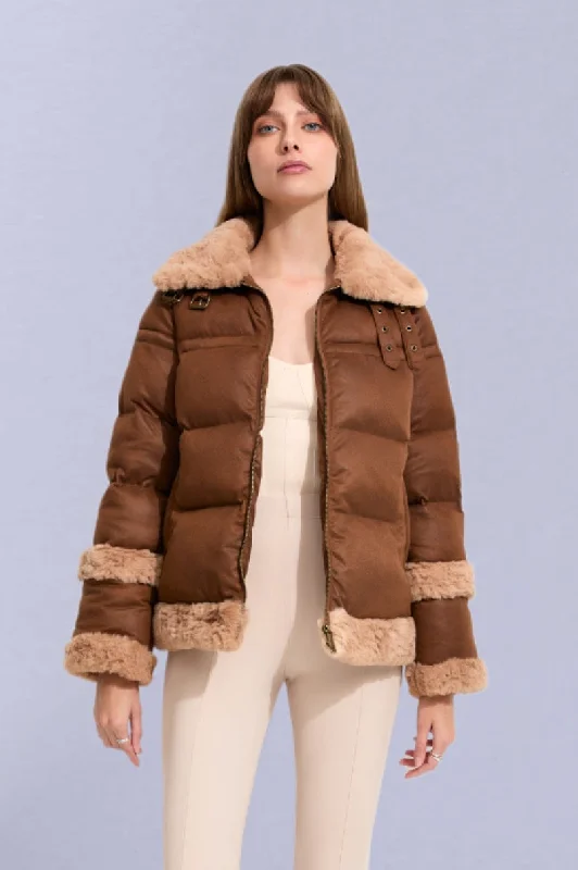 UNREAL FUR Womens Ripple Puffer Jacket - Truffle Brown