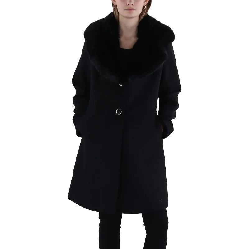 Via Spiga Womens Wool Faux Fur Trim Walker Coat