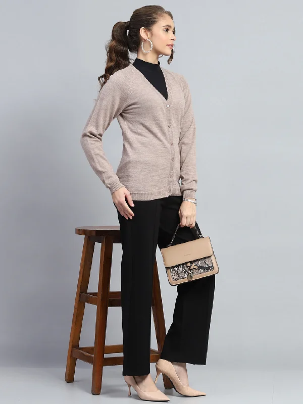 Women Beige Solid Round Neck Full Sleeve Cardigan