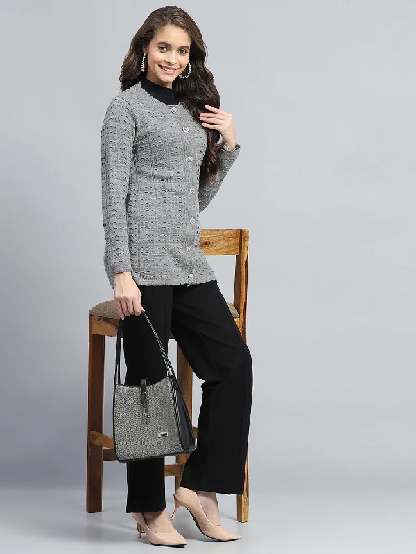 Women Grey Self Design Round Neck Full Sleeve Cardigan