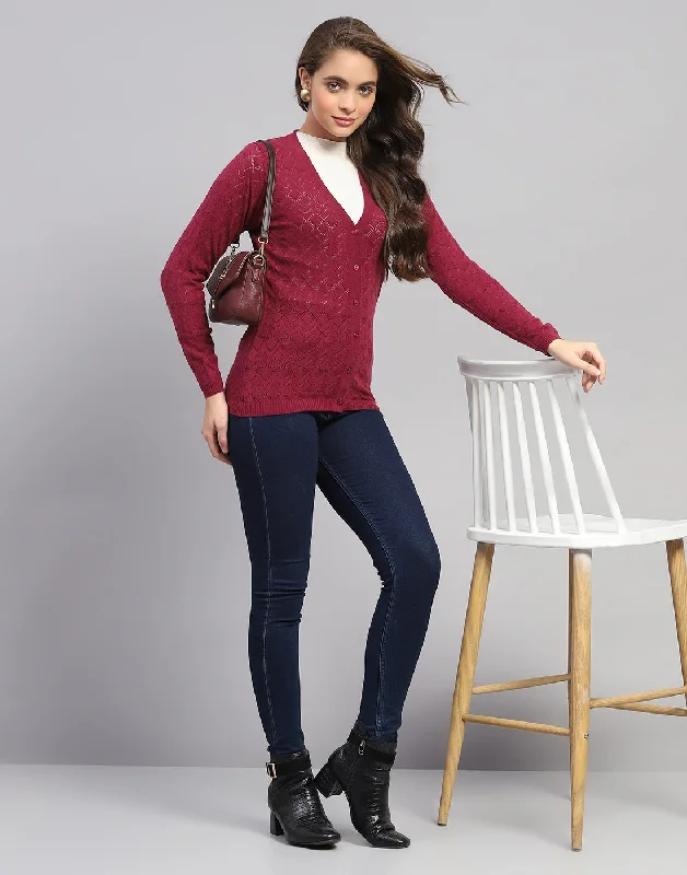 Women Maroon Self Design V Neck Full Sleeve Cardigan