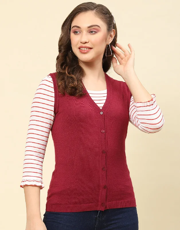 Women Maroon Solid V Neck Sleeveless Cardigan