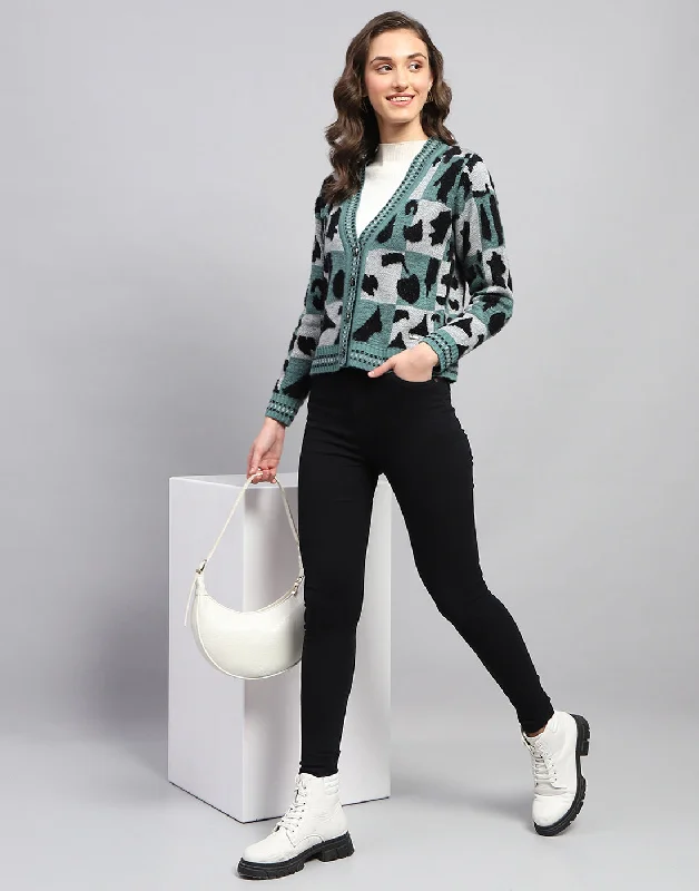 Women Multicolor Self Design V Neck Full Sleeve Cardigan