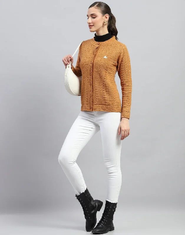 Women Mustard Self Design Round Neck Full Sleeve Cardigan