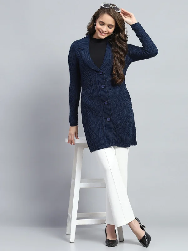 Women Navy Blue Self Design V Neck Full Sleeve Cardigan