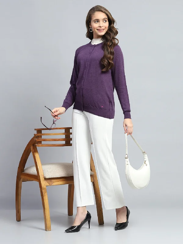 Women Purple Solid Round Neck Full Sleeve Cardigan