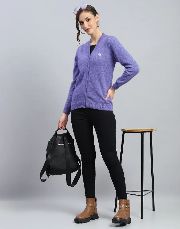 Women Purple Solid V Neck Full Sleeve Cardigan