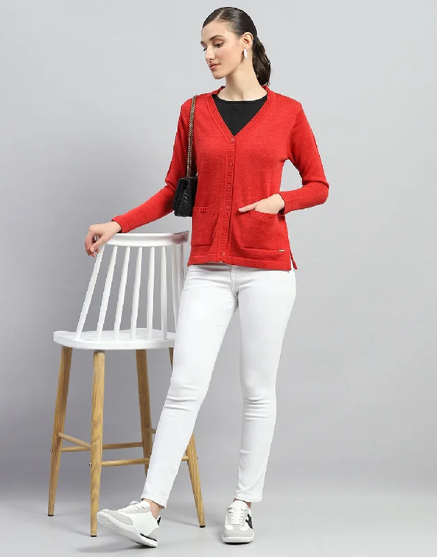 Women Red Solid V Neck Full Sleeve Cardigan