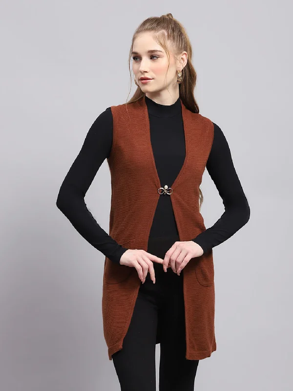 Women Rust Self Design Front Open Sleeveless Cardigan