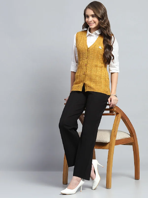 Women Yellow Self Design V Neck Sleeveless Cardigan