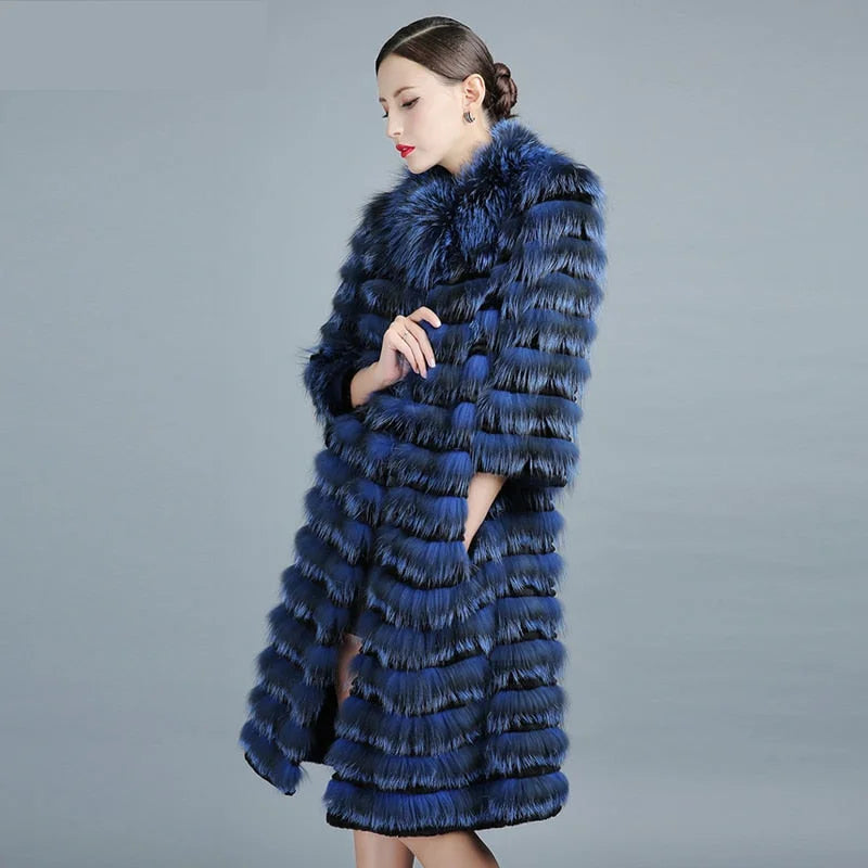 Women's Casual Real Silver Fox Fur 100cm Long Stripped Winter Jacket