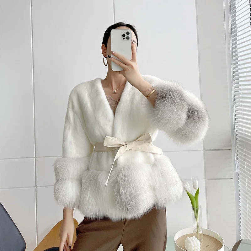 Women's Winter Warm Natural Mink Fox Fur Full Sleeves Short Jackets