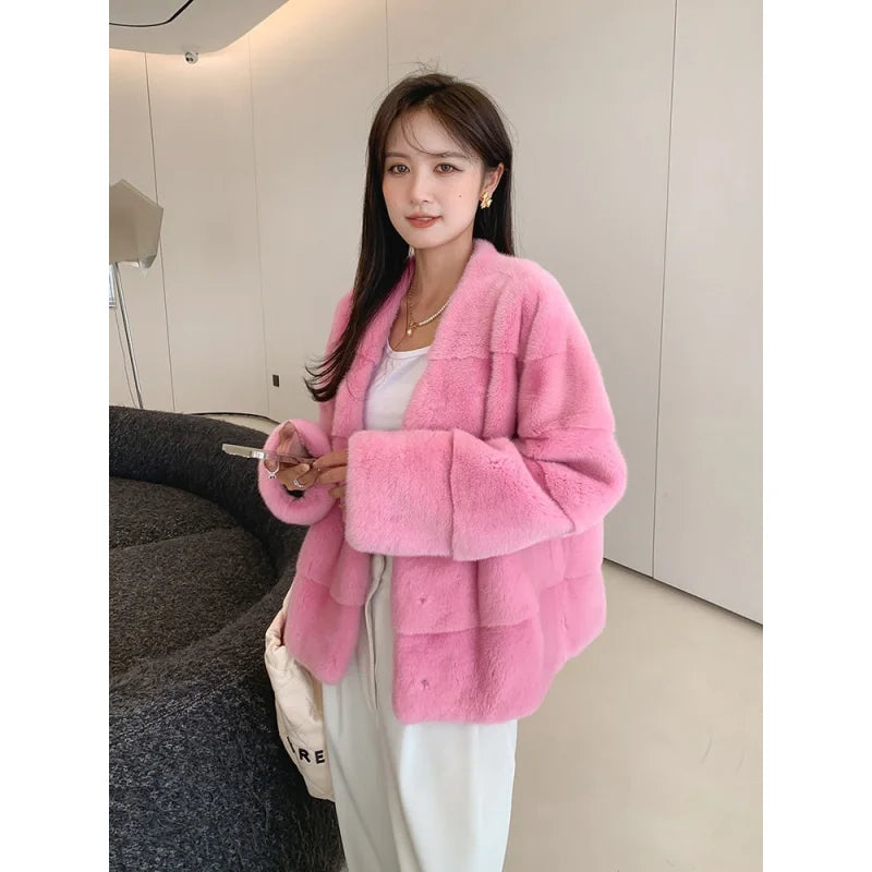 Women's Winter Warm Natural Mink Fur Mandarin Collar Double-faced Jacket