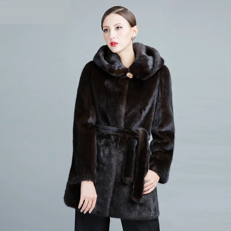 Women's Winter Warm Natural Mink Fur Medium Length Thick Hood Jackets