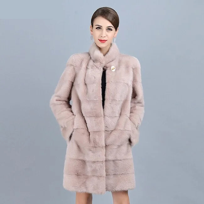 Women's Winter Warm Natural Mink Fur Striped Pattern Long Thick Jacket