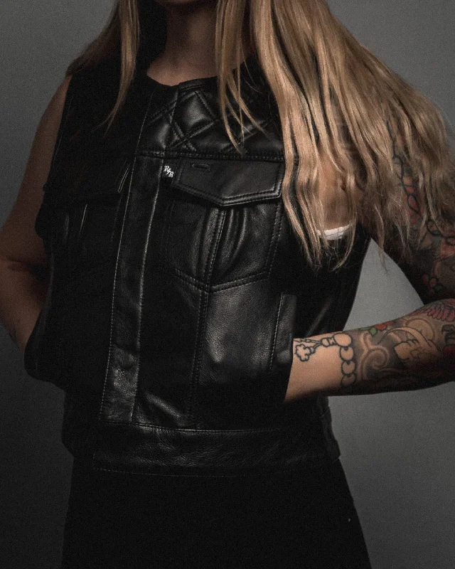 Back In Black Womens Vest | Collarless | Black Leather | Short Torso