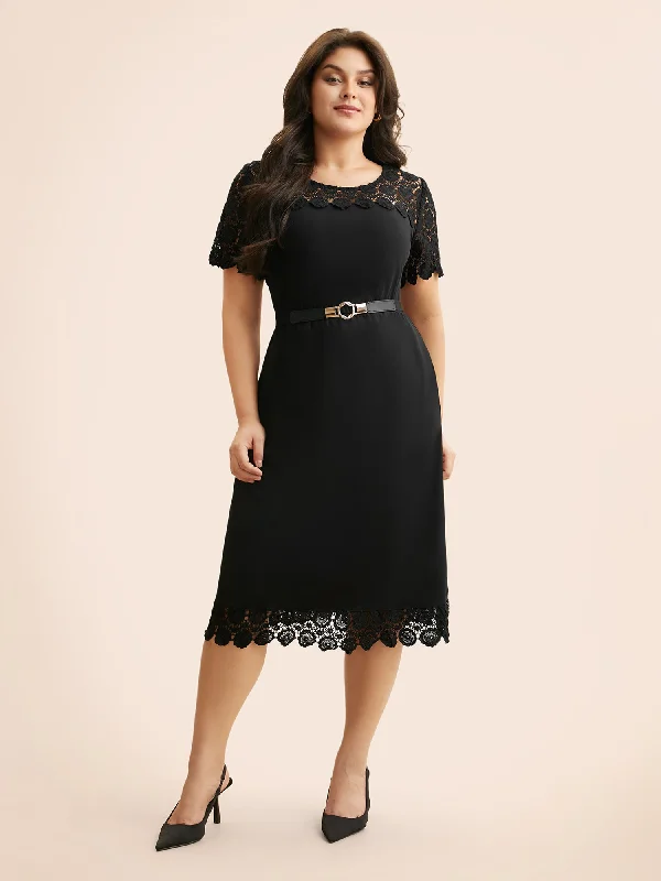 Crew Neck Lace Panel Midi Dress