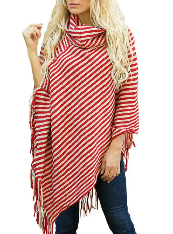 TastyHottie - OBLIQUE STRIPED HIGH NECKED FRINGED CAPE SHAWL SWEATER