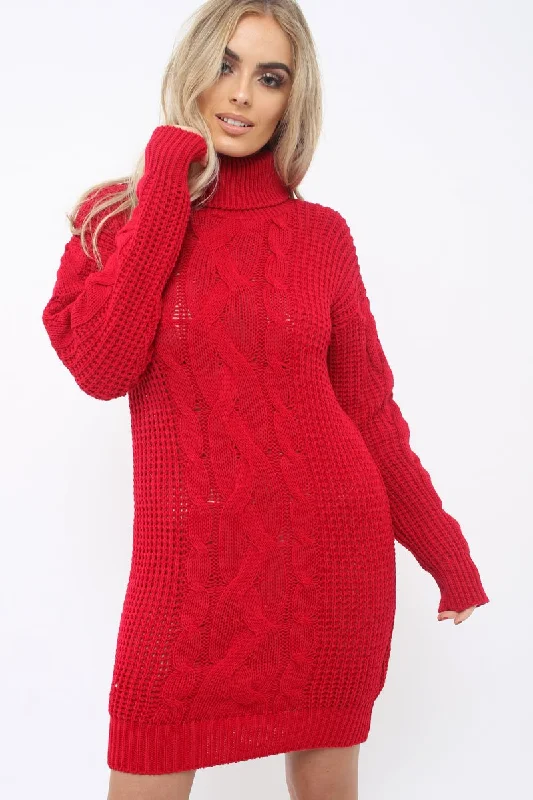 Red Roll Neck Cable Knit Jumper Dress - Dawn